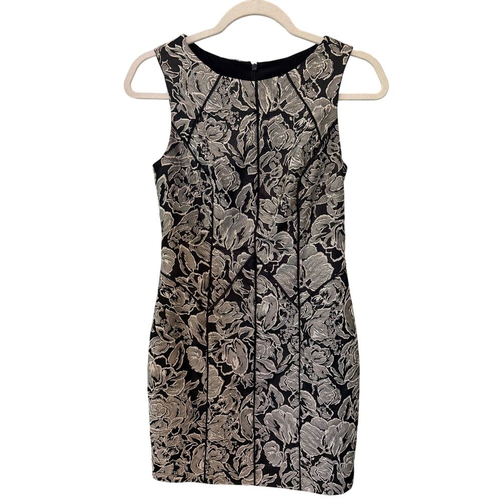 Aiden Mattox Shift Dress Womens Size 2 Black & Silver Brocade Glam Wedding Guest